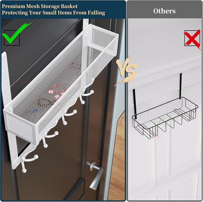 Consumest Over The Door Hooks Organizer - 2 Tier Over Door Hanger with 16 Hooks & 2 Baskets for Hanging Coat, Clothing, Towel, Back Storage for Bathroom, Closet, College Dorm, White - Image 3