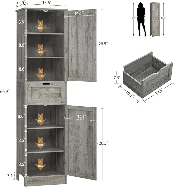 Iwell 67" Tall Bathroom Cabinet with Adjustable Shelves & 1 Drawer, Storage Cabinet with 2 Doors, Narrow Tall Cabinet, Floor Cabinet for Bathroom, Living Room, Home Office, Grey - Image 3