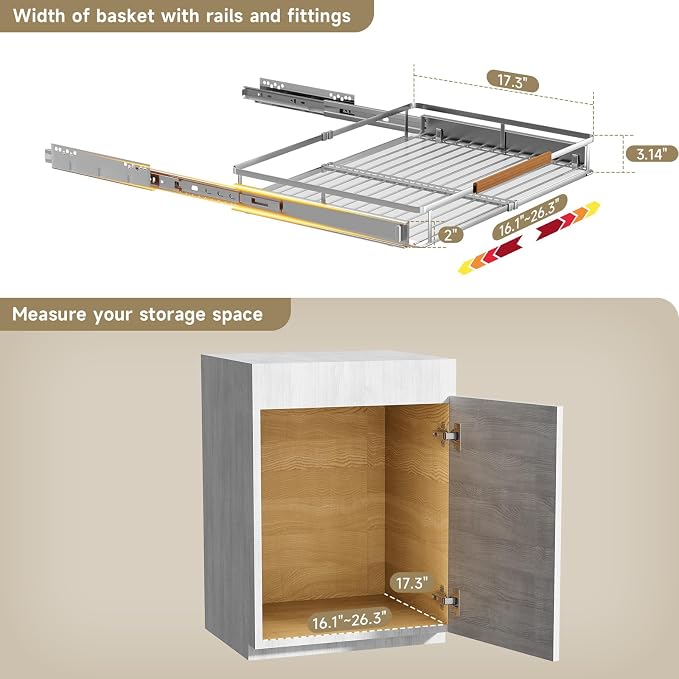 16.3~26.3"x17.3" Pull Out Cabinet Organizer，1Pack Expandable Sliding Cabinet Shelves，Side Mounting - Image 2