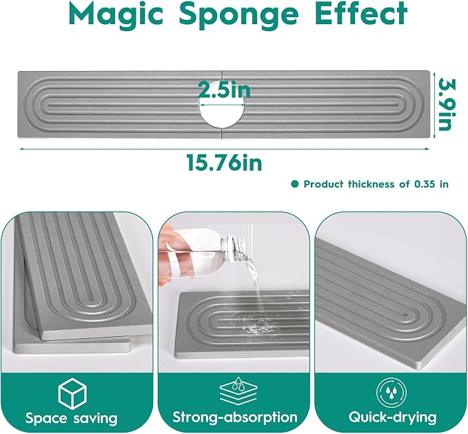 16 Inch Stone Faucet Mat for Kitchen Sink, Light Grey | Sink Splash Guard, Water Absorbing Stone Tray, Super Absorbent, Diatomite Drain Protector，for Kitchen Bathroom Counter - Image 3