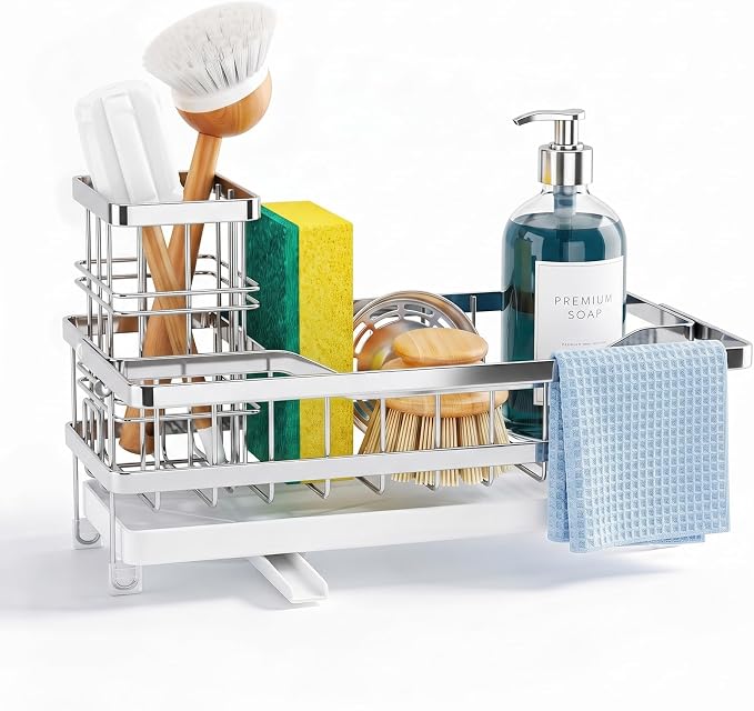 Sponge Holder for Kitchen Sink, Self-draining Sink Caddy with Towel Rack and Brush Holder, Metal Kitchen Countertop Organizers and Storage Essentials, Silver - Image 8