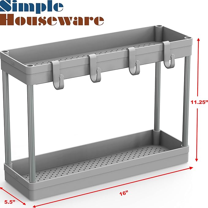 Simple Houseware 2-Tier Under Sink Organizer Storage Tray with Hooks, Grey - Image 5