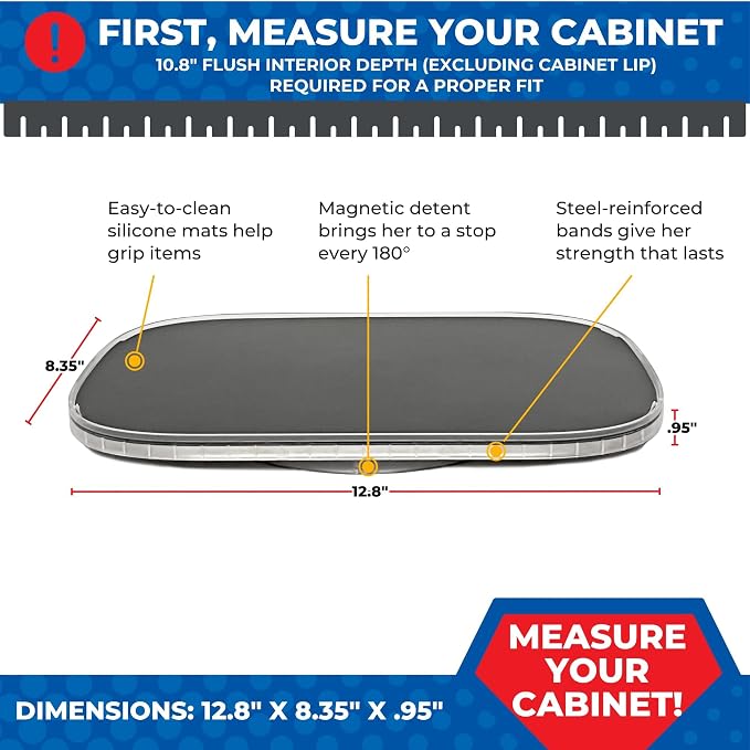 1-Tier Lazy Susan Organizer for Cabinet, Steel Reinforced | Steel-Reinforced Single Shelf, Holds Up to 30 lbs, Magnetic Detent, Non-Slip Silicone Mat, BPA-Free, Patented USA Design - Image 3