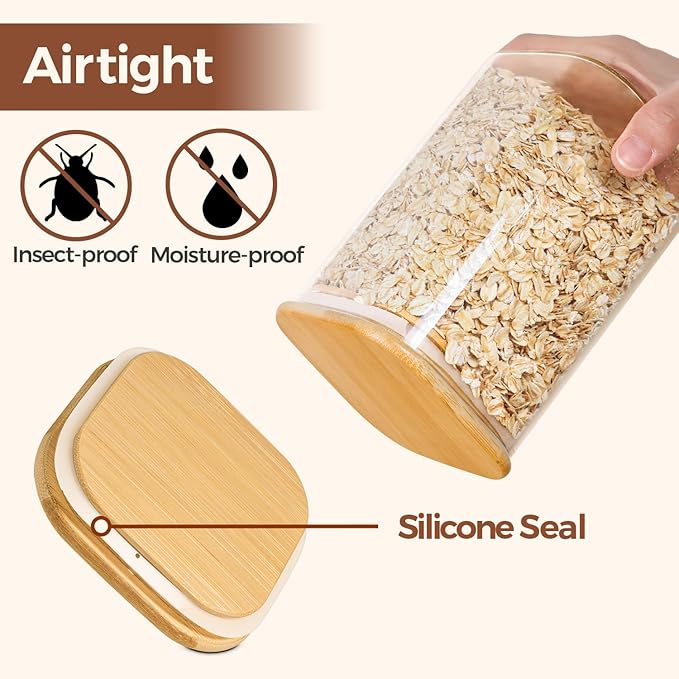 ComSaf Glass Pantry Storage Containers (0.7Qt/1.2Qt/1.6Qt) Set of 6, Square | Glass Storage Containers with Lids, Kitchen Canisters, Pantry Jar, Bamboo Lid with Silicone Seal, Flour Cereal Tea, BPA Free - Image 7