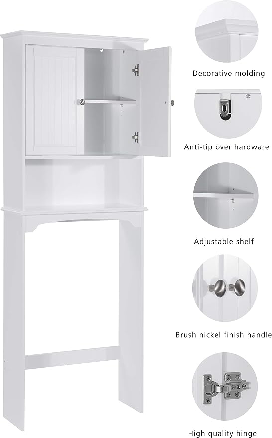 Spirich Over The Toilet Storage Cabinet with Doors, Bathroom Organizer | White, Adjustable Shelf, Anti-Tip Fitting, FSC-Certified MDF, Beadboard Design, 33.3" Toilet Clearance, Adjustable Crossbar - Image 5
