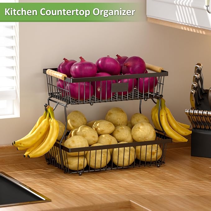 2 Tier Fruit Basket for Kitchen Counter with 2 Banana Hangers, Countertop Metal Bread Basket with Wooden Handle, Large Storage Stand for Vegetables, Snacks, Eggs, Produce Storage – Black - Image 6