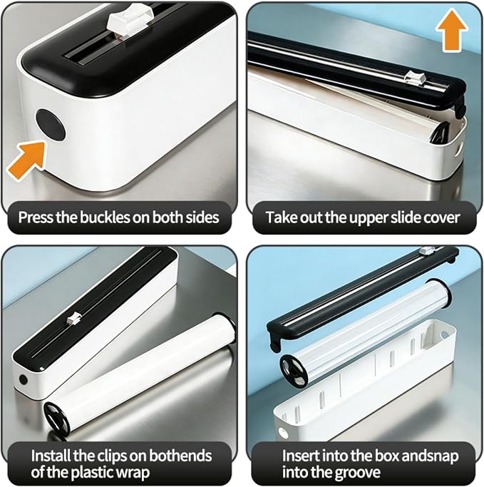 Plastic Wrap Dispenser with Slide Cutter, Cling Film Dispenser with Safe Hidden Blade, Easy Refill Food Wrap Holder Fits 12 Inch Standard Rolls, Countertop Kitchen Wrap Organizer - Image 3