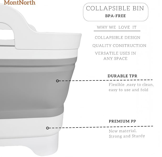 MontNorth Collapsible Wash Basin 9L, Foldable Dish Tub with Drain Plug, Portable Collapsible Dish Basin, Camping Sink for Washing Dishes, Laundry & Kitchen Use,Gray - Image 5