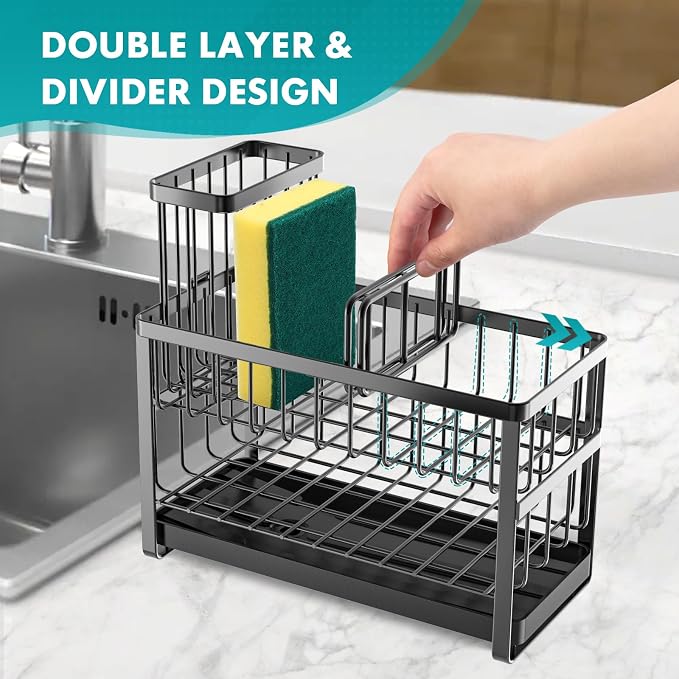 Sinnsally Kitchen Sponge Holder,Sink Caddy Organizer with High Brush Holder,Stainless Steel Sink Box Dish Scrubber Holder,Soap Tray for Kitchen Counter Accessories & Storage Rack(2 Tier - Black) - Image 4