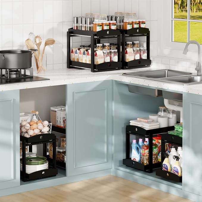 2 Pack Bamboo Under Sink Organizer, 2-Tier Pull-Out Drawers, Kitchen & Bath | Pull-out drawers keep cleaners and tall bottles visible, organized and easy to reach in kitchen or bathroom cabinets - Image 3