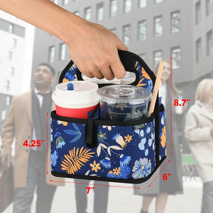 Beautyflier Reusable Insulated Coffee Cup Carrier, Portable Drink Holder with Handle Organizer Tote Bag for Hot & Cold Drinks (Blue Plants) - Image 2