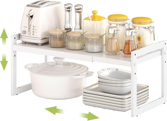 Expandable Cabinet Shelf Organizer, Stackable Kitchen Counter Shelf, White | Space Saving Metal Pantry Storage Racks for Kitchen Spice Rack Pans and Untensils Bathroom Office Organization, 1-Tier by DOLALIKE