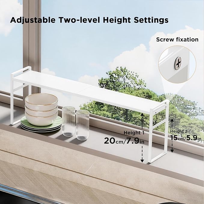 Expandable Narrow Shelf Organizer with 2-Level Adjustable Height | White, Tall Countertop Organizer for Tight Spaces, Windowsill Plant Stand, Over-Sink/Faucet Shelf, Kitchen Counter Storage - Image 5