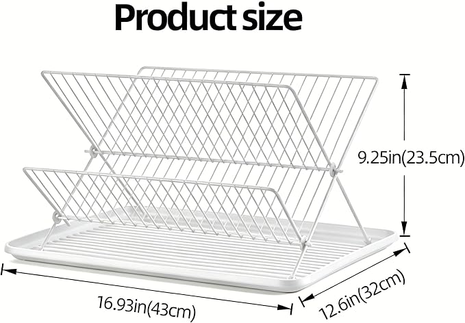 White Foldable 2-Tier Dish Rack - Heavy-Duty Metal Drying Rack with Removable Drip Tray, Collapsible Kitchen Sink Organizer for Plates, Bowls, Cups & Utensils - Image 2