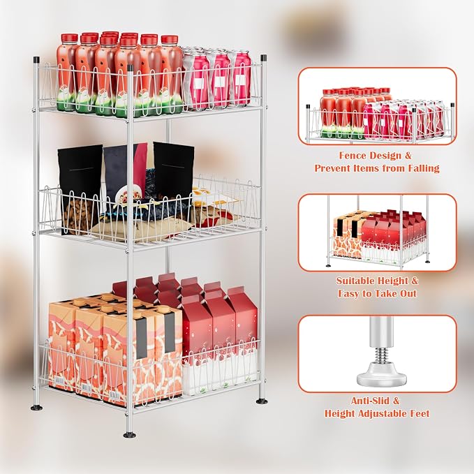 ETELI Water Bottle Storage Organizer 3 Tier Freestanding Water Bottle Holder Rack Stand Metal Drink Soda Can Organizer Beverage Shelf for Floor Pantry Kitchen Food Storage, Silver - Image 6