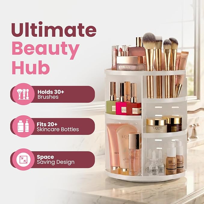 Masirs 360 Rotating Makeup Organizer Countertop, Adjustable Shelf, White | 360-Degree Rotating Makeup Organizer, Adjustable Shelf Height, Cosmetic Perfume Skincare Storage, Vanity Countertop, White - Image 2