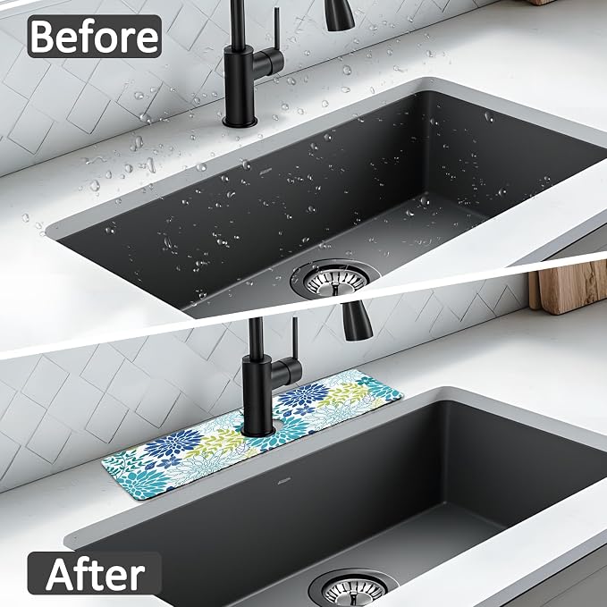15" X 5.5" Kitchen Sink Splash Guard Faucet Mat Floral Super Absorbent Fast Drying Faucet Guard & Draining Mat Sink Splash Guard Behind Faucet for Kitchen, Bathroom - Image 7