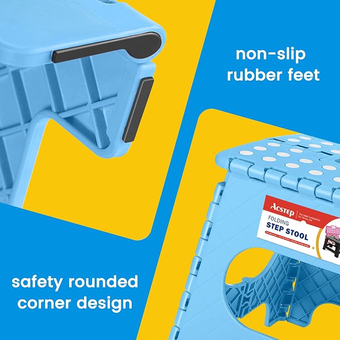 11 Inch Folding Step Stool for Kids, Non-Slip Foldable Stools, Blue | Heavy Duty Collapsible Foot Stool, Lightweight with Built-in Handle, Holds 300 lb for Adults Kitchen Bathroom Bedroom Outdoor - Image 2