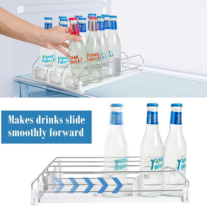 hanmir Drink Organizer for Fridge, Adjustable Width Soda Can Dispenser for Refrigerator Organizers and Storage, 3 Rows Beer Bottle Beverage Holder with Pusher Glide (14.96" D, White) - Image 8