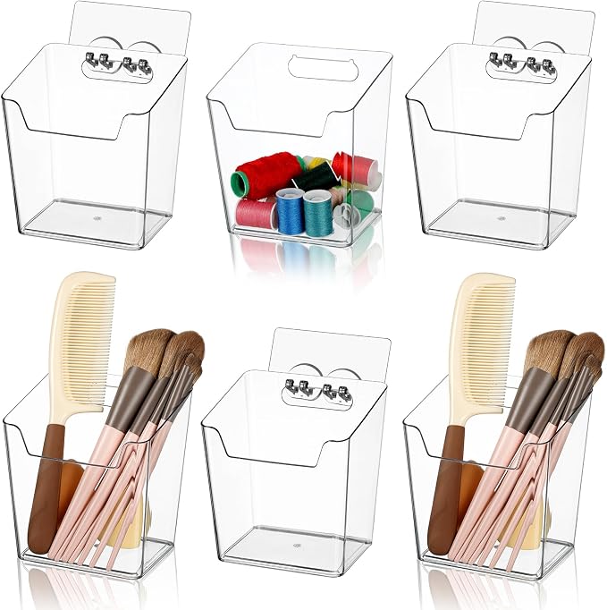 Clear Inside Cabinet Door Organizer, 6 Pack Plastic Wall Storage Bin Adhesive, Vertical Versatile Caddy Makeup Brush Pen Holder for Small Spaces in Bathroom, Office, Kid's Room Organization, No-Drill - Image 9