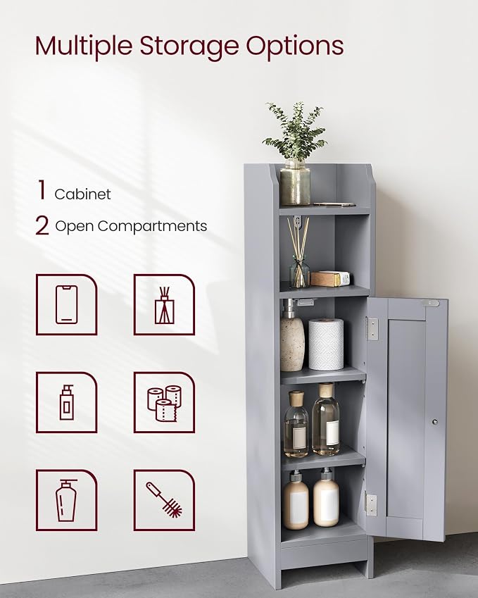 VASAGLE Small Storage Corner Floor Cabinet with Door,Dove Gray | Narrow Toilet Paper Storage Holder, 7.1 x 7.5 x 31.5 Inches, Adjustable Shelves, SIREN Collection UBBC310P36 - Image 4