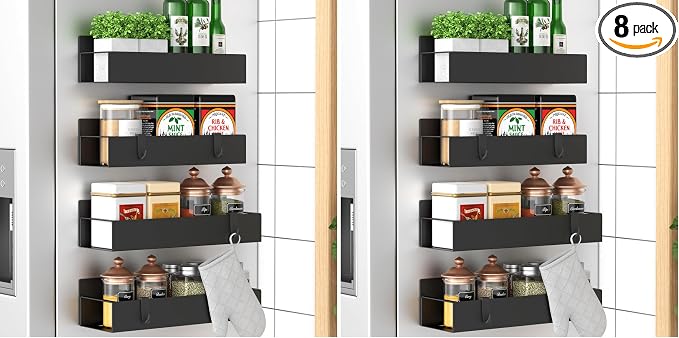 Metal 8 Pack Magnetic Spice Storage Rack Organizer for Refrigerator and Oven, Black Fridge Organizers and Storage, Metal by HuggieGems
