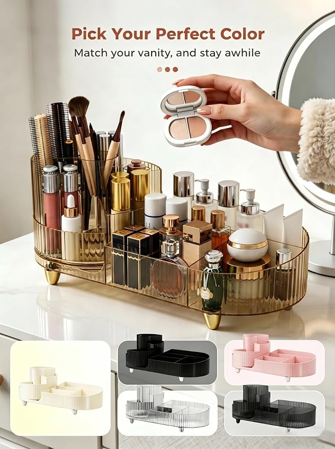 Booklov Rotating Makeup Organizer for Vanity Countertop, Amber | Clear Acrylic Cosmetic Display Case, Large Beauty Brush Holder for Bathroom Counter, Skincare Lipsticks Storage - Image 9
