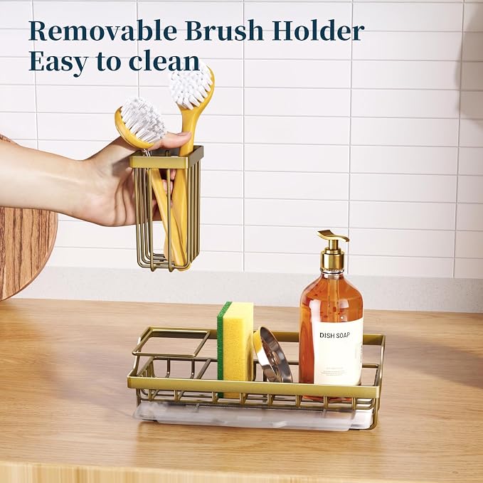 Consumest Sponge Holder for Kitchen Sink - Sink Caddy with Dish Brush Holder, Stainless Steel Kitchen Organizer with Drip Tray for Countertop, Darker Gold - Image 4