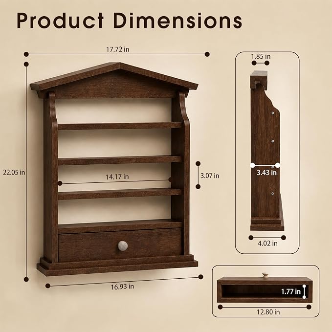 Vintage Farmhouse Wooden Spice Rack Wall Mount – 4-Tier Rustic Kitchen Organizer with Drawer, Holds 24 Small Spice Jars, Decorative Wall Storage Shelf (Dark Brown) - Image 2