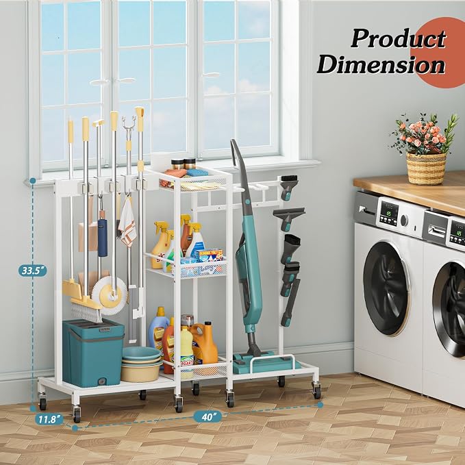 Broom Holder with Cleaning Supplies Organizer, Broom Closet Storage Cabinet with Cleaning Caddy Vacuum Stand, Cleaning Cart with Mop Hanger Gripper Rack Hook, Laundry Room Organization Home Essentials - Image 7