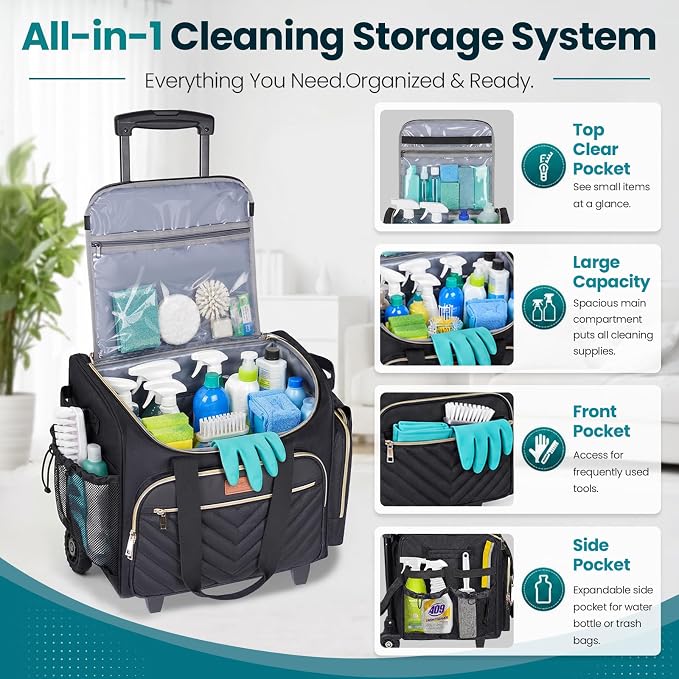 INSMEER Cleaning Caddy with Wheels,3 Removable Clear Bag and 1 Shoulder Bag | Large Cleaning Cart on Wheels,Water Resistant Cleaner Supplies Organizer with Wheels for Kitchen, Tool Organizer - Image 4
