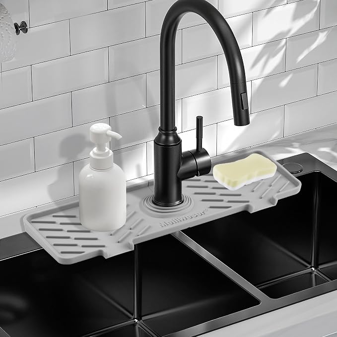 Silicone Faucet Mat for Kitchen Sink – Gen 3 10° Slope Splash Guard with Cuttable Hole – 14” x 5.5” Drip Catcher & Sponge Holder for Kitchen, Bathroom (Gray) by Meiliweser
