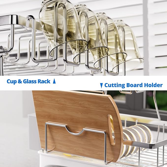2-Tier Dish Drying Rack - 304 Stainless Steel Dish Rack Auto Drain | Dish Racks for Kitchen Counter, Dish Drainer with Knife Fork & Cup Rack, Gifts for Women, Mothers Day, Kitchen Gadget, Silver - Image 6
