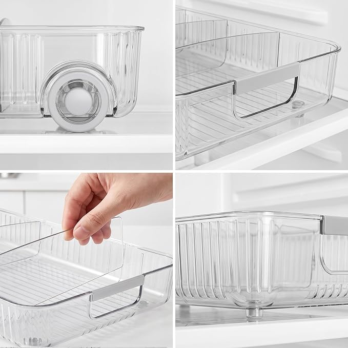 Pull Out Fridge Organizer Bins with Wheels, 8 Dividers, 2-Pack | Clear PET storage bins with handles, rear wheels and adjustable dividers for refrigerator, pantry and cabinet shelves - Image 8