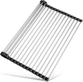Tomorotec Roll Up Dish Drying Rack Over Sink, 304 Steel, 17.7x15.5, Black | Anti-Slip Silicone Rims For Grip, Heat-Resistant Trivet Mat Holding Heavy Cookware, Rustproof Kitchen Counter Space Saver by Tomorotec