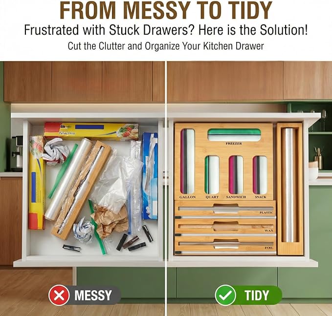 9 in 1 Storage Bag Organizer for Kitchen Drawer,Bamboo Foil and Plastic Wrap Dispenser with Cutter, Organizers Compatible Gallon, Quart, Sandwich Snack - Image 4