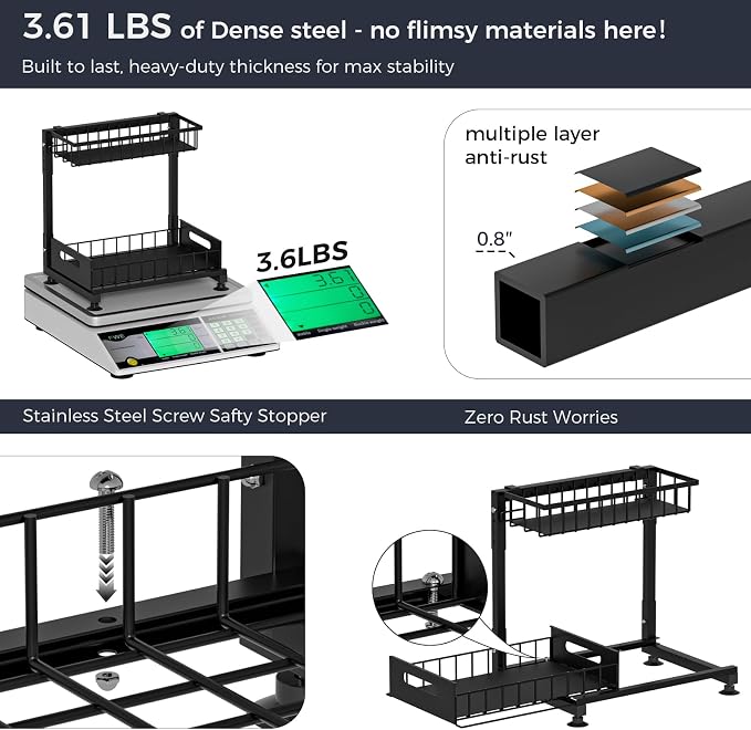 2-Pack L-Shaped Under Sink Organizer, 2-Tier Pull-out Cabinet Rack | Black Height-Adjustable Steel Rack, Sliding Grid Drawers with PP Liners, Holds 100 Lbs, Suction Base, Ideal Kitchen Storage - Image 4