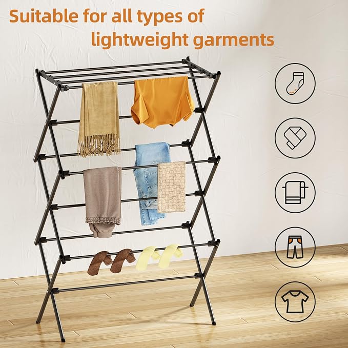 Drying Rack Clothing, 3-Tier Clothes Drying Rack Foldable, Antirust Laundry Drying Rack Collapsible Use for Indoor & Outdoor, 11.8" D x 34.6" W x 35.4" H, Black - Image 7