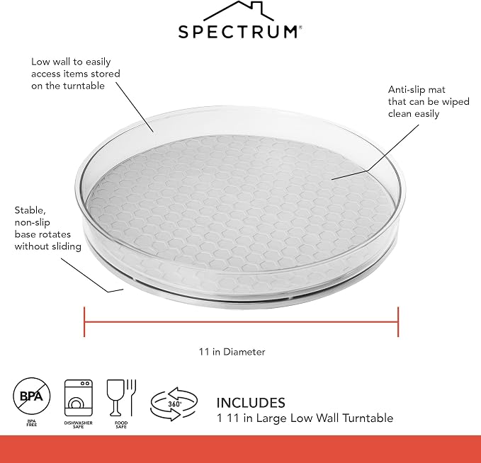 Spectrum Large Lazy Susan Organizer 11 in for Large Cabinet Fridge Pantry Table Shelf Bath Kitchen Organization, Oyster Gray Rotating Turntable Spinning Storage for Condiments Spice Bottles - Image 6