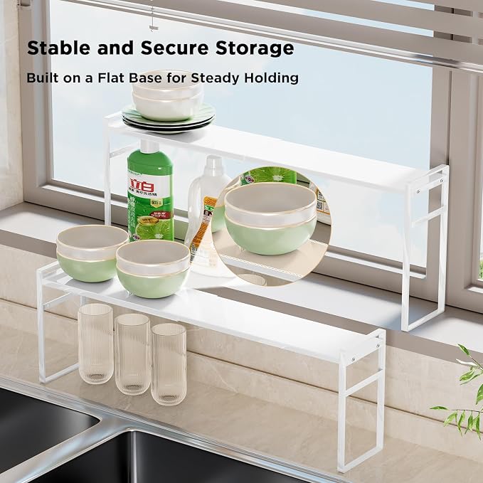 Expandable Narrow Shelf Organizer with 2-Level Adjustable Height | White, Tall Countertop Organizer for Tight Spaces, Windowsill Plant Stand, Over-Sink/Faucet Shelf, Kitchen Counter Storage - Image 6