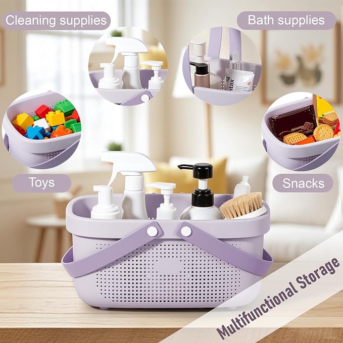 Portable Shower Caddy Basket with Handles Plastic Storage Basket ‌Purple | Sturdy Drainage Large Capacity Organizer Basket with Silicone Handles for Bathroom Kitchen Bedroom College Dorm Essentials - Image 3