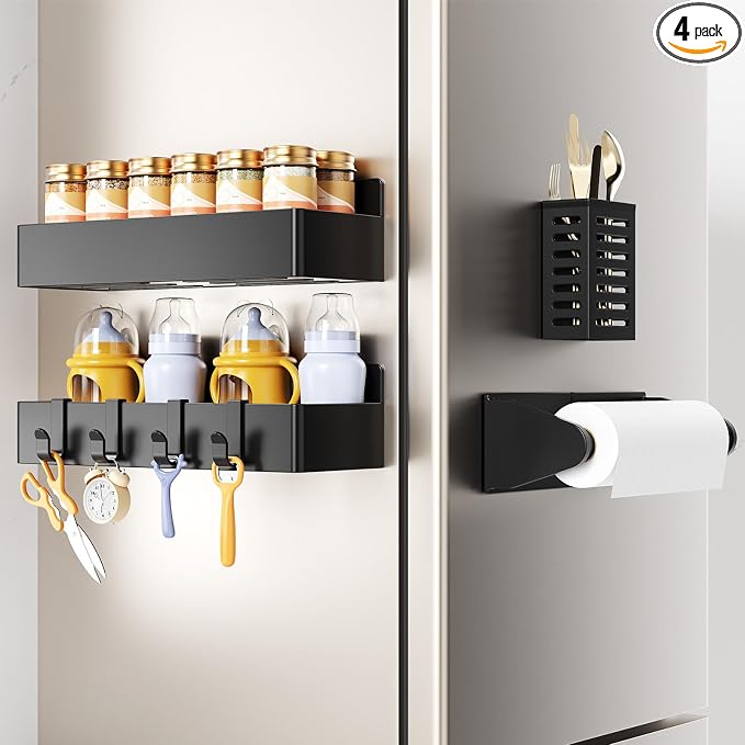 Magnetic Spice Rack for Refrigerator,4 Pack Magnetic Shelf,Fridge Magnet Organizer with Paper Towel Holder and Utensils Racks,Fridge Organizers and Storage Black(4 Pack) by Mystozer