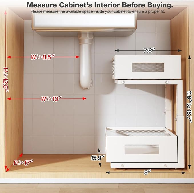 Under Sink Organizer, 2-Tier Dual Pull Out Cabinet Organizer Drawers With Smooth Circular Rail, Large Capacity Metal Mesh Sliding Shelves For Bathroom& Kitchen Storage,Height Adjustable–White,2 Packs - Image 2