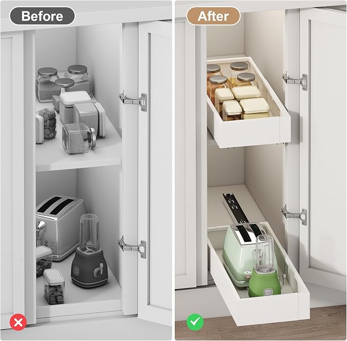 Fokyfok 2Pc Pull out Cabinet Organizer,7"-11"W,17"-24"D,Expandable | No Drill,Adjustable,Roll out Drawers,Adhesive Sliding Drawers,Slide out Shelves for Cabinets Without Lip,Kitchen,Pantry,White - Image 6