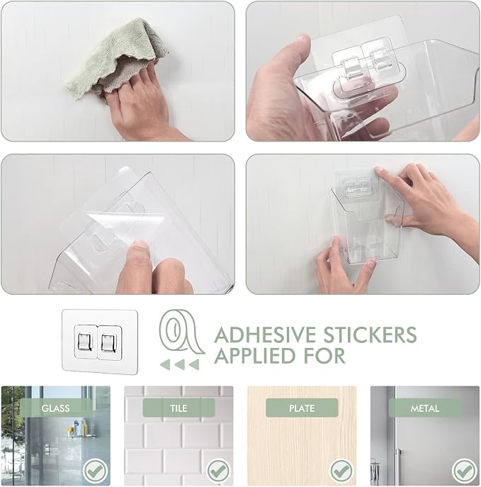 Clear Adhesive Wall Storage Bins, 4 Pack Cabinet Door Organizer Cups(Large) | Clear PET Hanging Wall Mount Pockets, Plastic Caddy for Shower Bathroom Makeup Office Craft Kitchen Sink RV Organization - Image 4