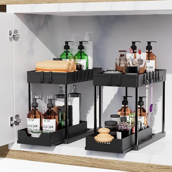 2 Pack black Under Sink Organizers and Storage, 2-Tier Sliding Cabinet Basket Organizer with Hooks, Multi-Purpose Under Sink Organizers and Storage for Bathroom Kitchen - Image 2