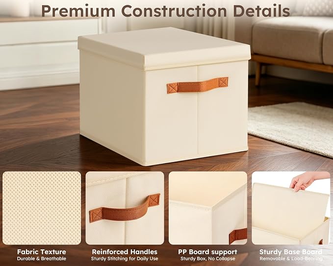 Storage Bins with Lids - Large Fabric Closet Bins with Lid, 5 Pack Clothes Organizers and Storage, Collapsible Stackable Cube Basket for Home, Office, Dorm, Beige - Image 4