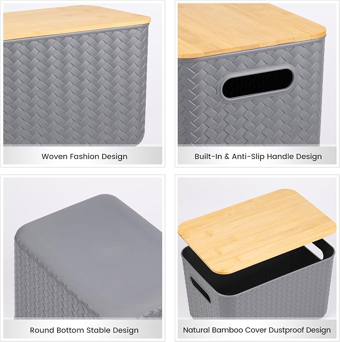 Ohmlove 4 Pack Storage Bins with Bamboo Lids,Stackable Box for Organization | Plastic Storage Containers with Handle, Storages Baskets for Organizing Desktop Closet Playroom Classroom Office, Gray - Image 3