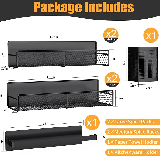 Magnetic Spice Rack for Refrigerator, 6 Pack 100% Metal Strong Magnet Shelf Black, Space Saving Spice Organizer, Home Kitchen Laundry Room Storage Organization W/ Paper Towel Holder, Utensils Racks - Image 2