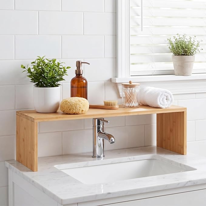 Bamboo Over the Sink Shelf Bathroom Shelf Organizer Over the Faucet Wood Pedestal Soap Stand Farmhouse Bathroom Decor Over the Sink Shelves(29.92 x 7.87 x 10.04 Inches,Bamboo Color) by Menkxi